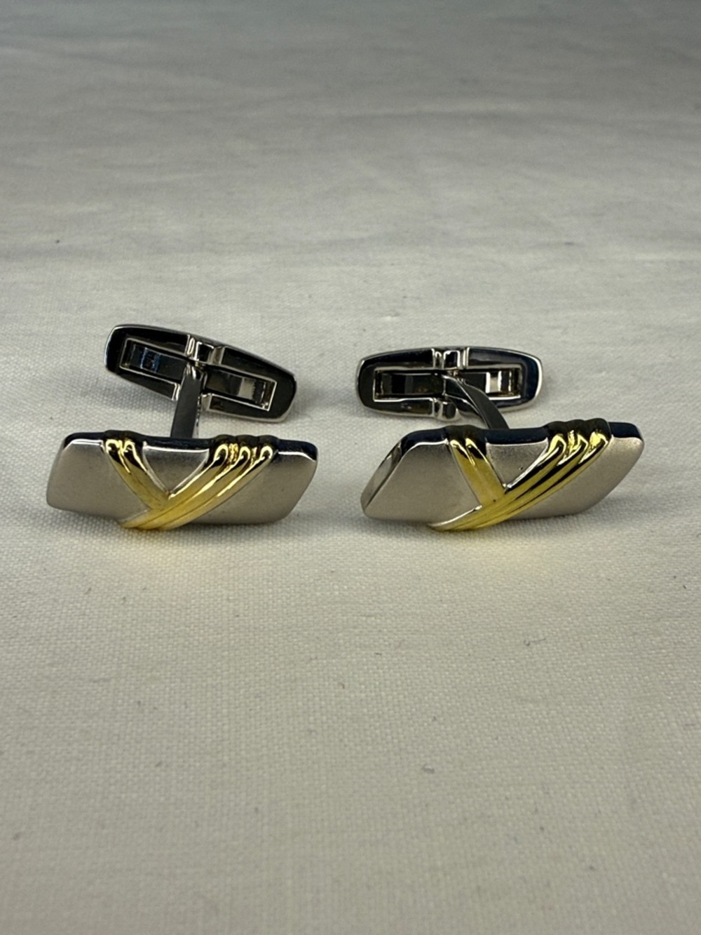 Saint Laurent YSL Two Tone Sculpted Bar Cufflinks Gold Silver 1"